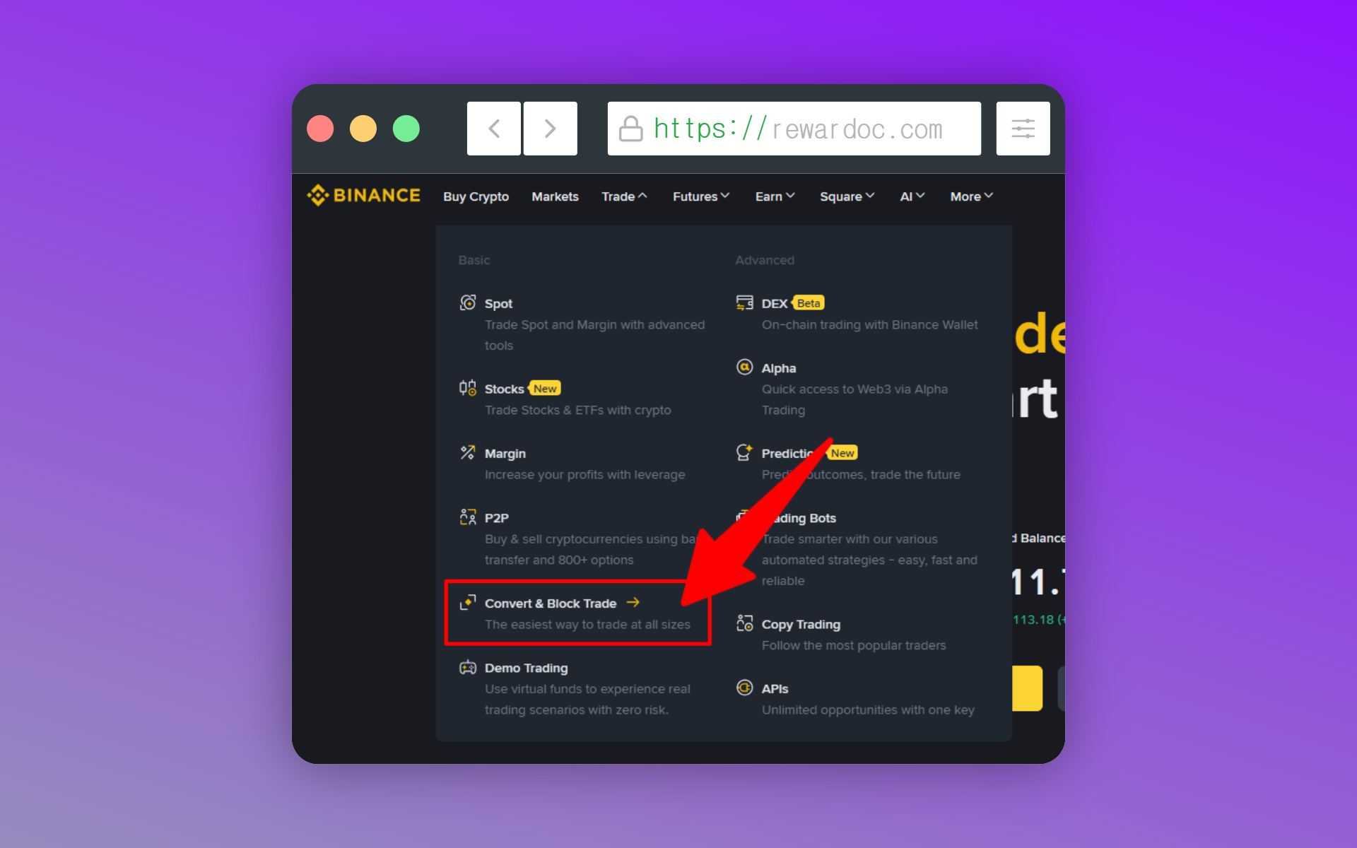 Navigating from the Trade menu at the top of the Binance website to Convert.
