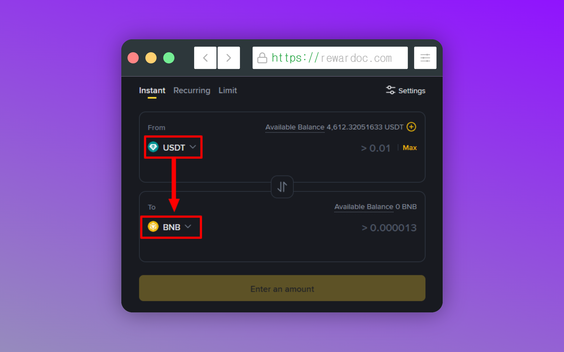 The Convert screen set to USDT to BNB.