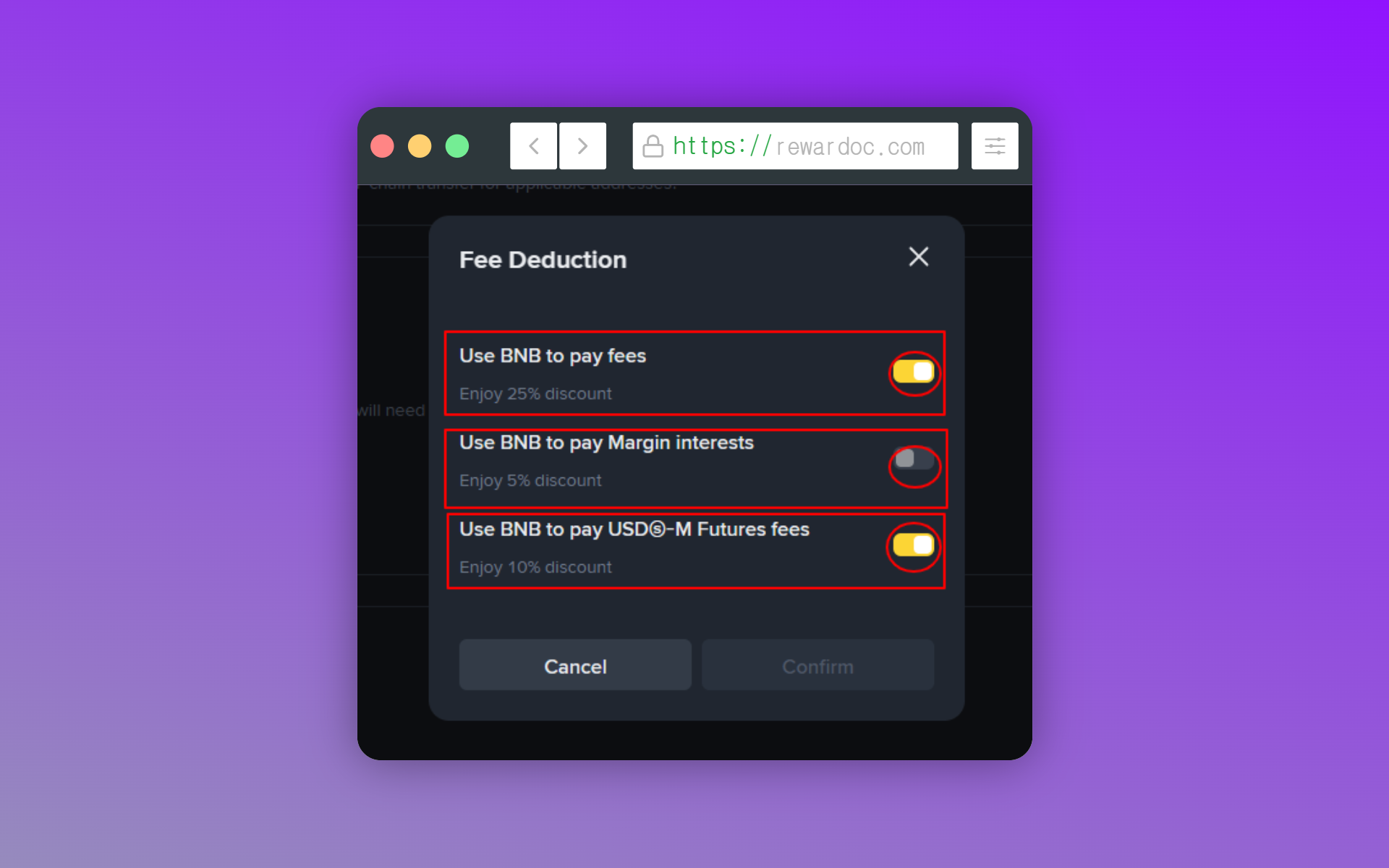 The Binance fee settings screen with spot and futures fee toggles switched to BNB payment