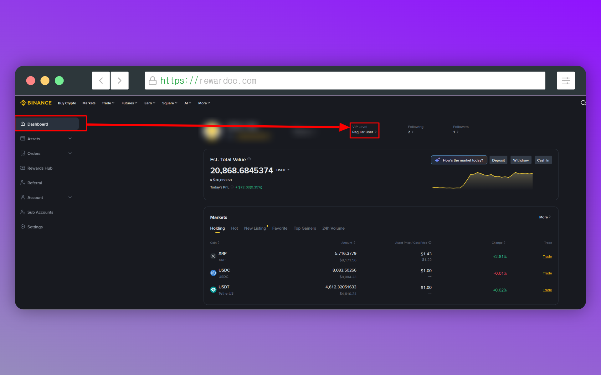 Navigating from the Dashboard on the Binance website to the VIP Level page to check applied fees