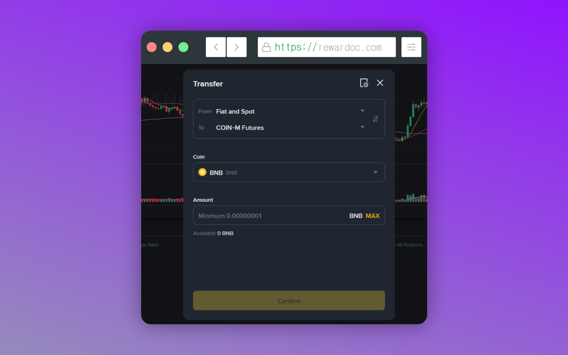 Moving BNB to the futures account using the Transfer function on the Binance futures screen.