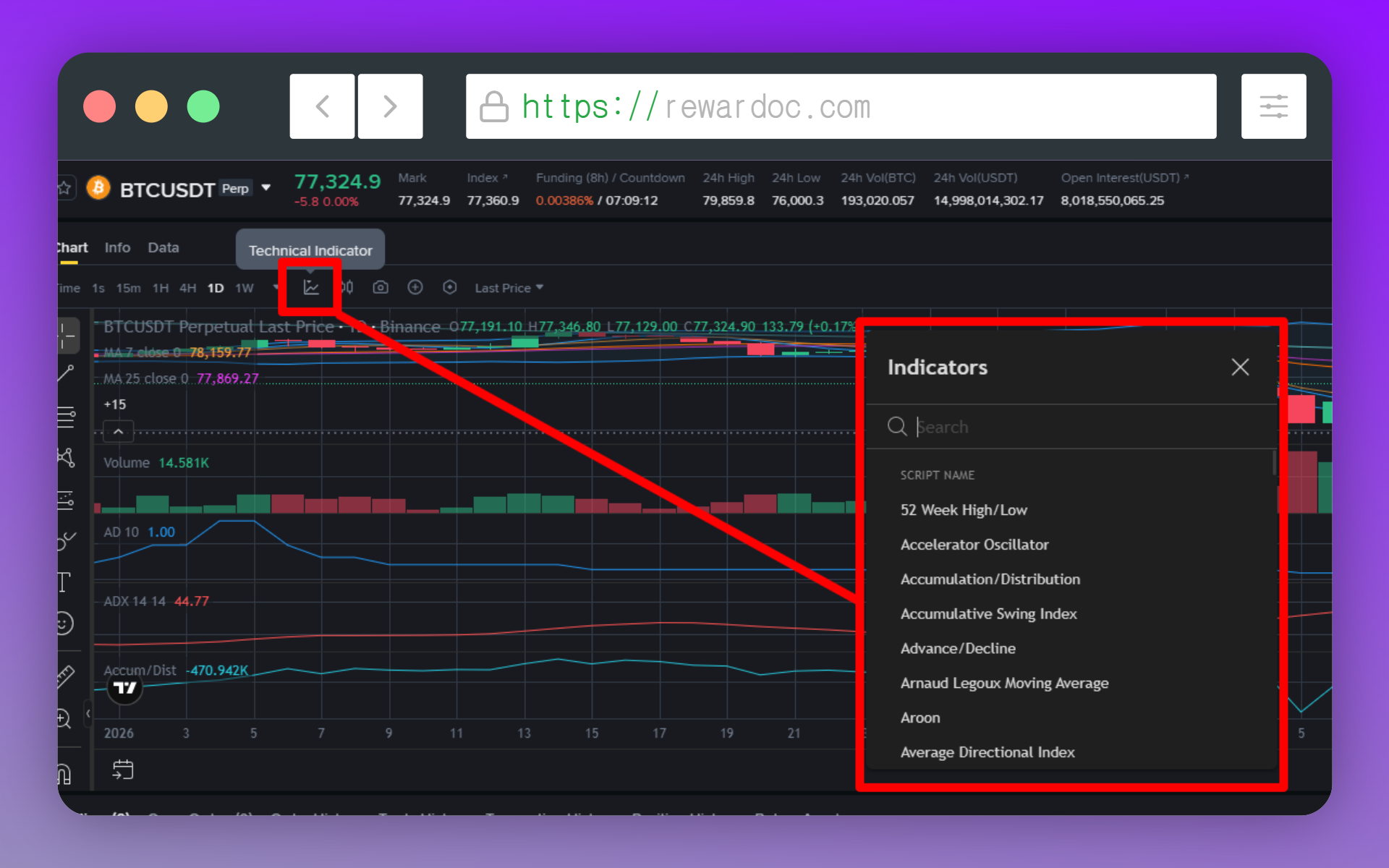 Klick auf Technical Indicator und das Suchfenster für Indikatoren