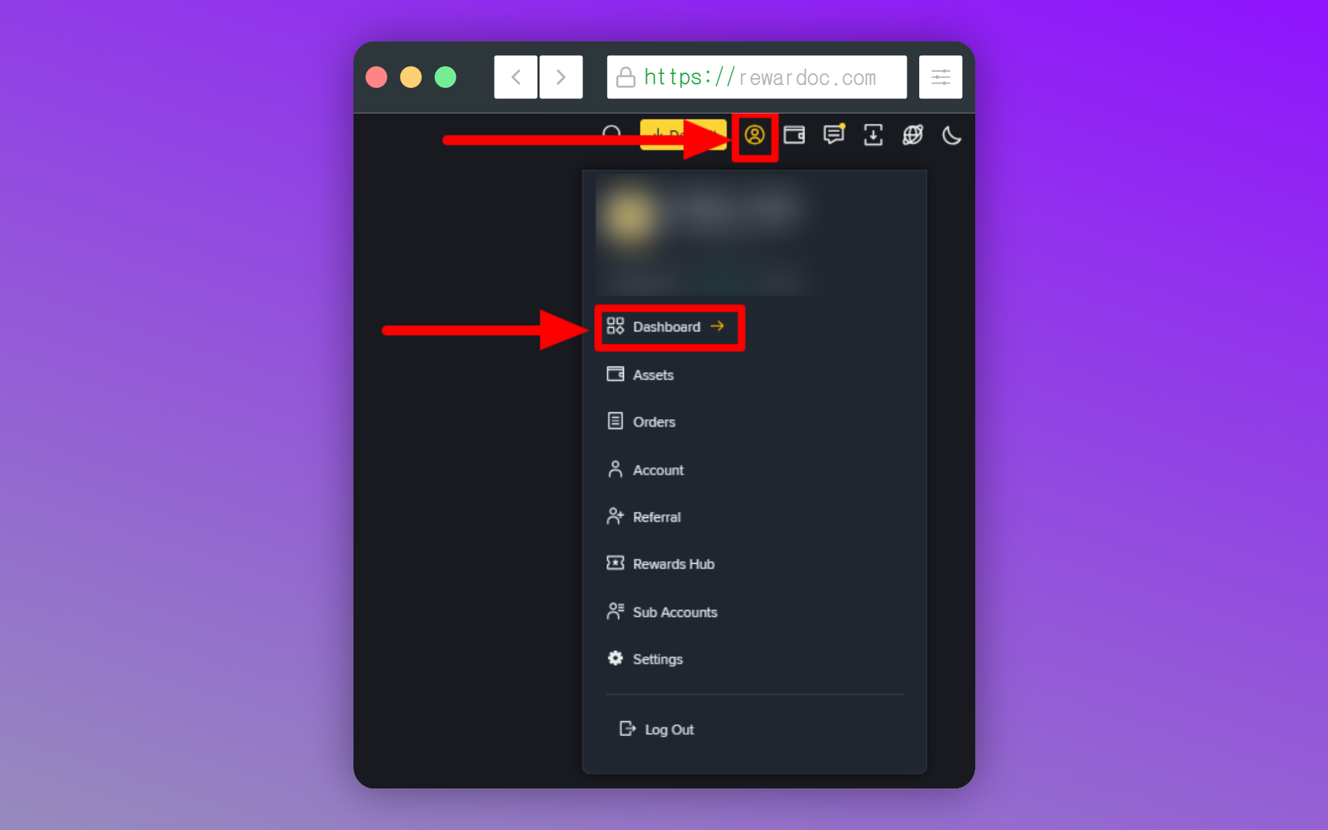 Accès au Dashboard depuis le menu profil Binance