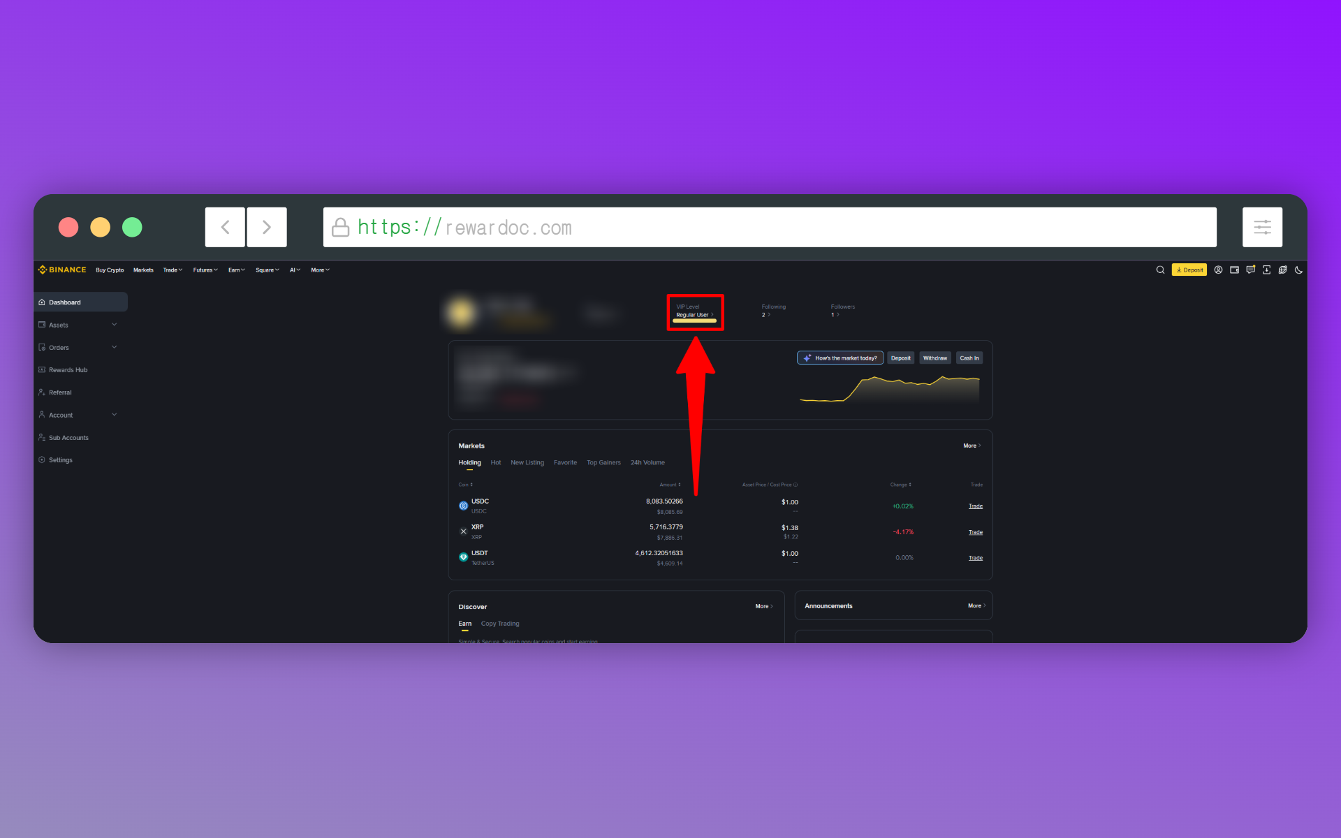 Zone d'affichage du niveau VIP sur Binance