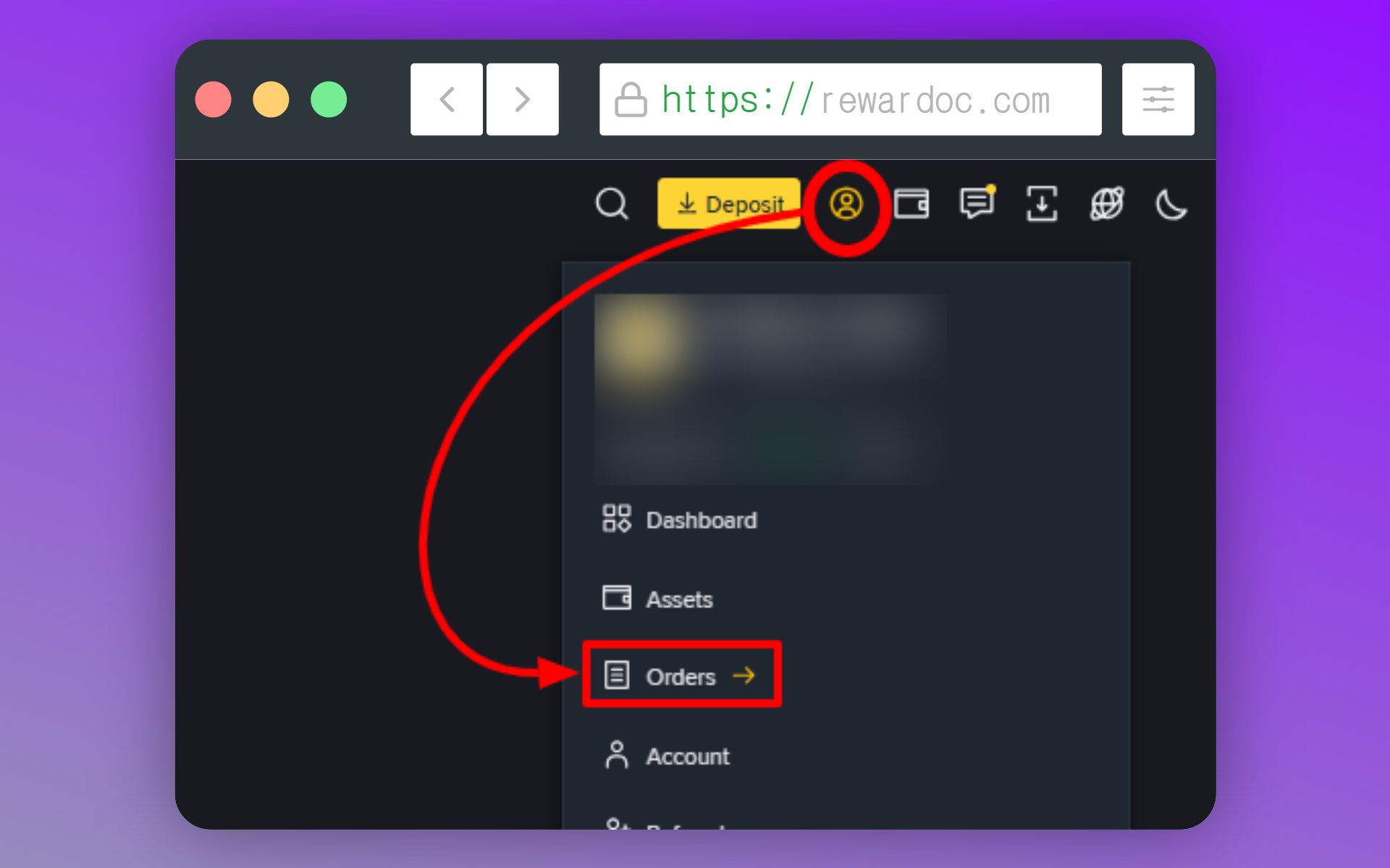 Accès à la page « Orders » depuis le menu profil