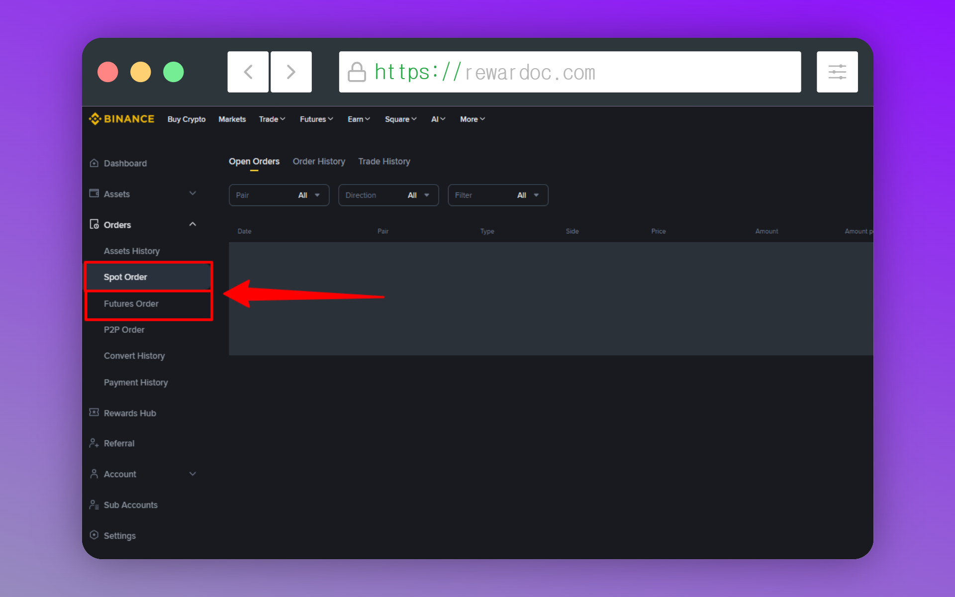 Écran de sélection du type de trading