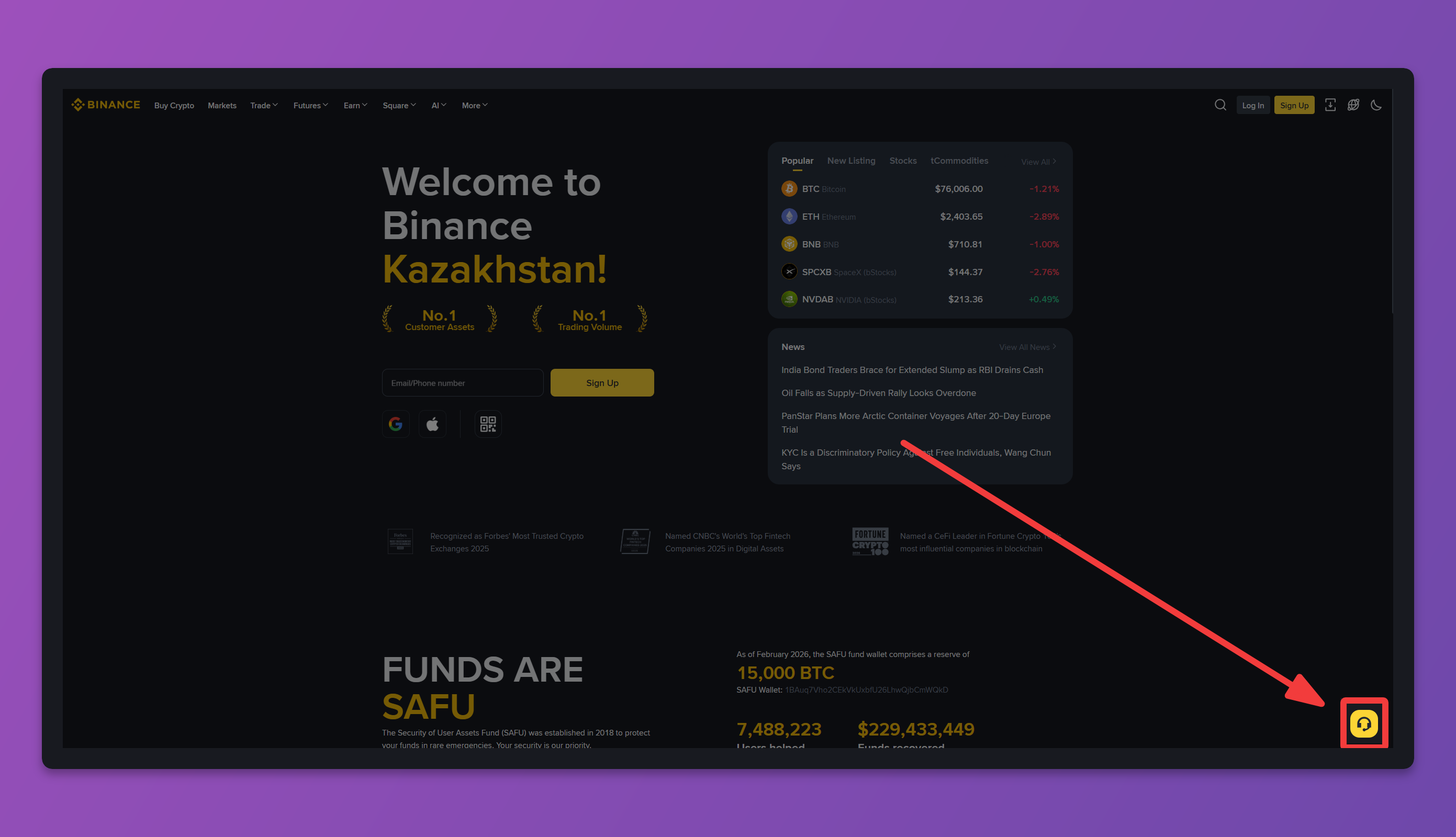 Immagine che mostra la posizione del canale di assistenza in basso a destra sul sito di Binance