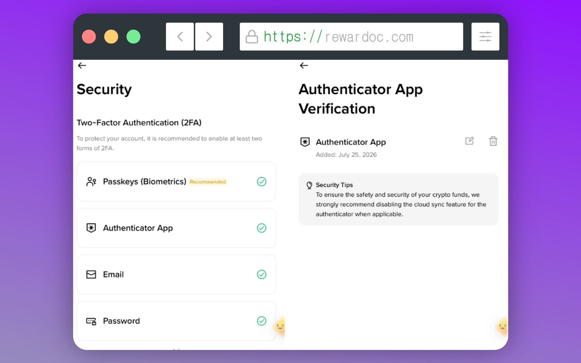 Accessing the Security section from the profile menu in the top left of the app