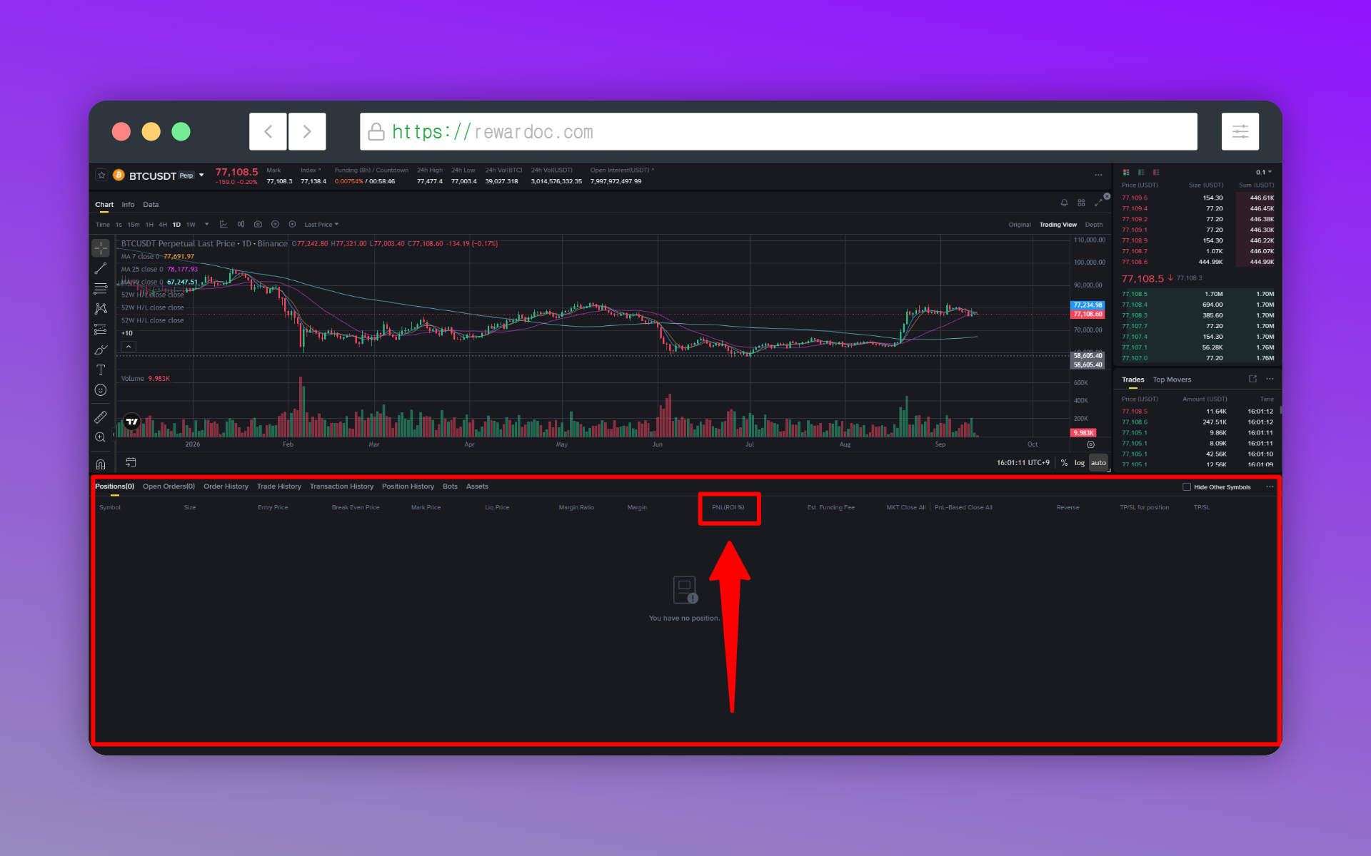 Binance-Handelsfenster mit markierter PNL- und ROI-Anzeige im Tab Positions