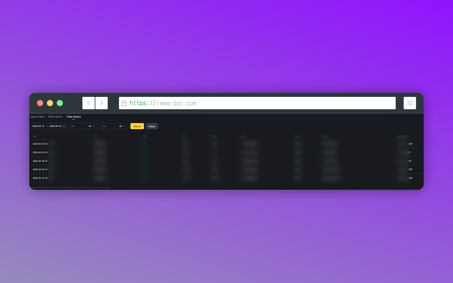 Binance ट्रेड हिस्ट्री सर्च पूरी होने के बाद की स्क्रीन