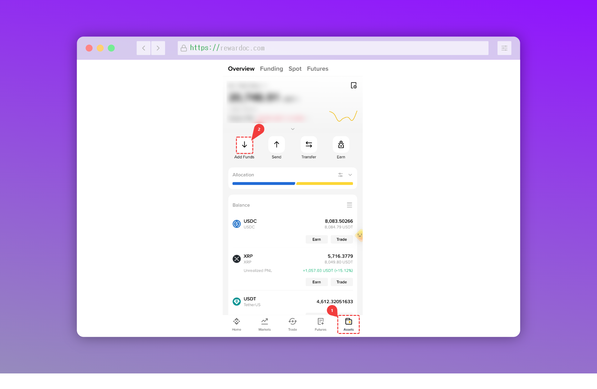 바이낸스 앱 하단의 Assets 탭으로 이동 후 Add Fund를 클릭하는 앱 화면.