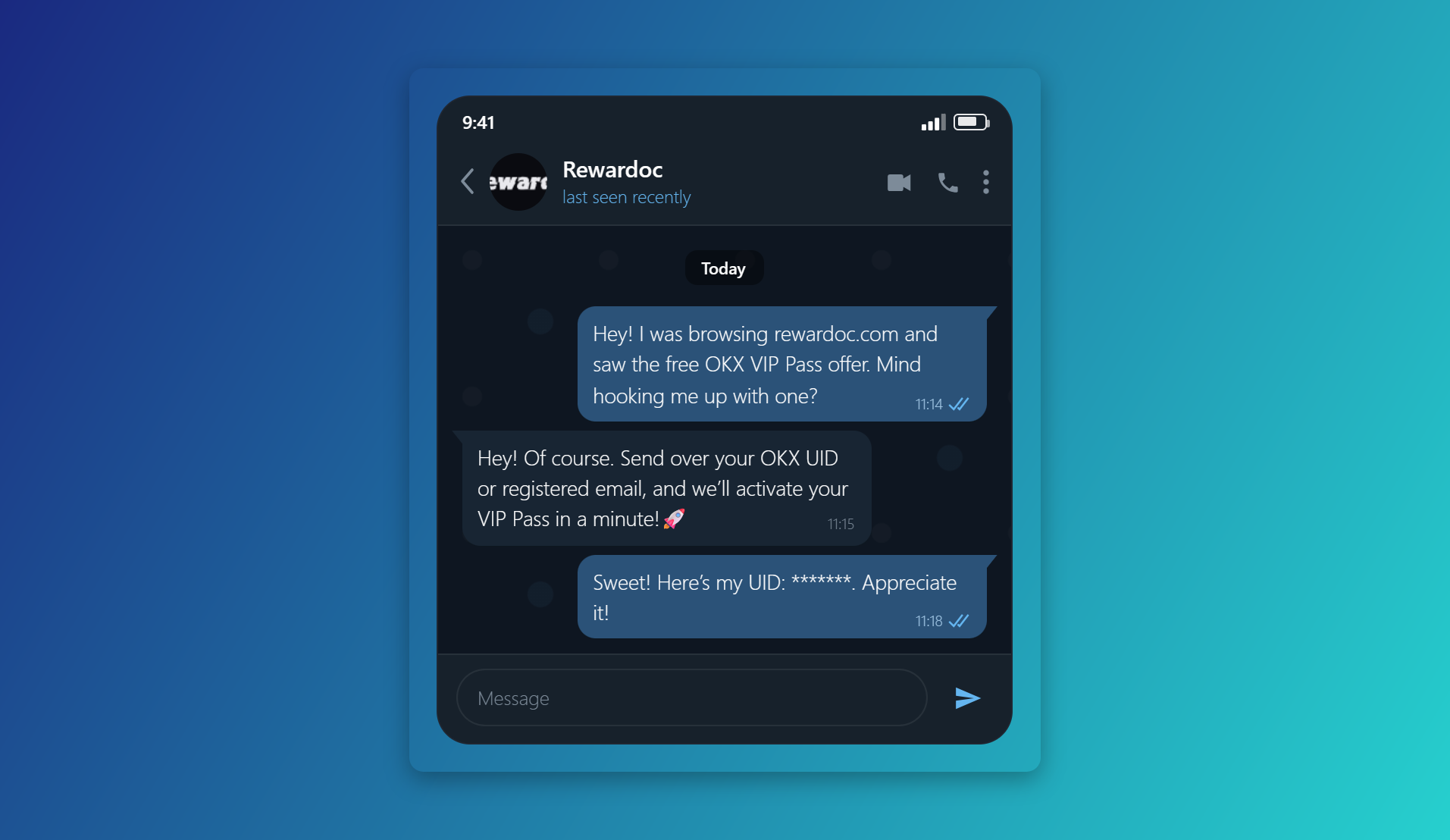리워독 텔레그램에서 OKX VIP 패스를 요청하는 화면