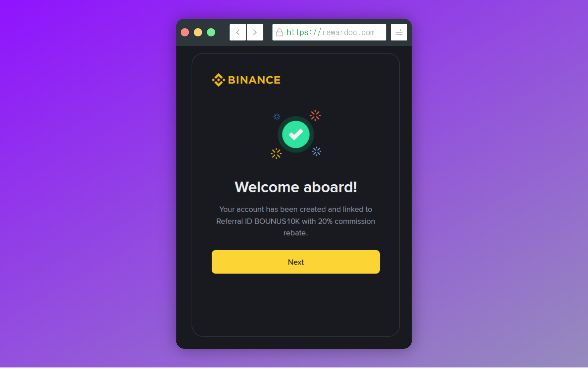 Binance registration complete screen