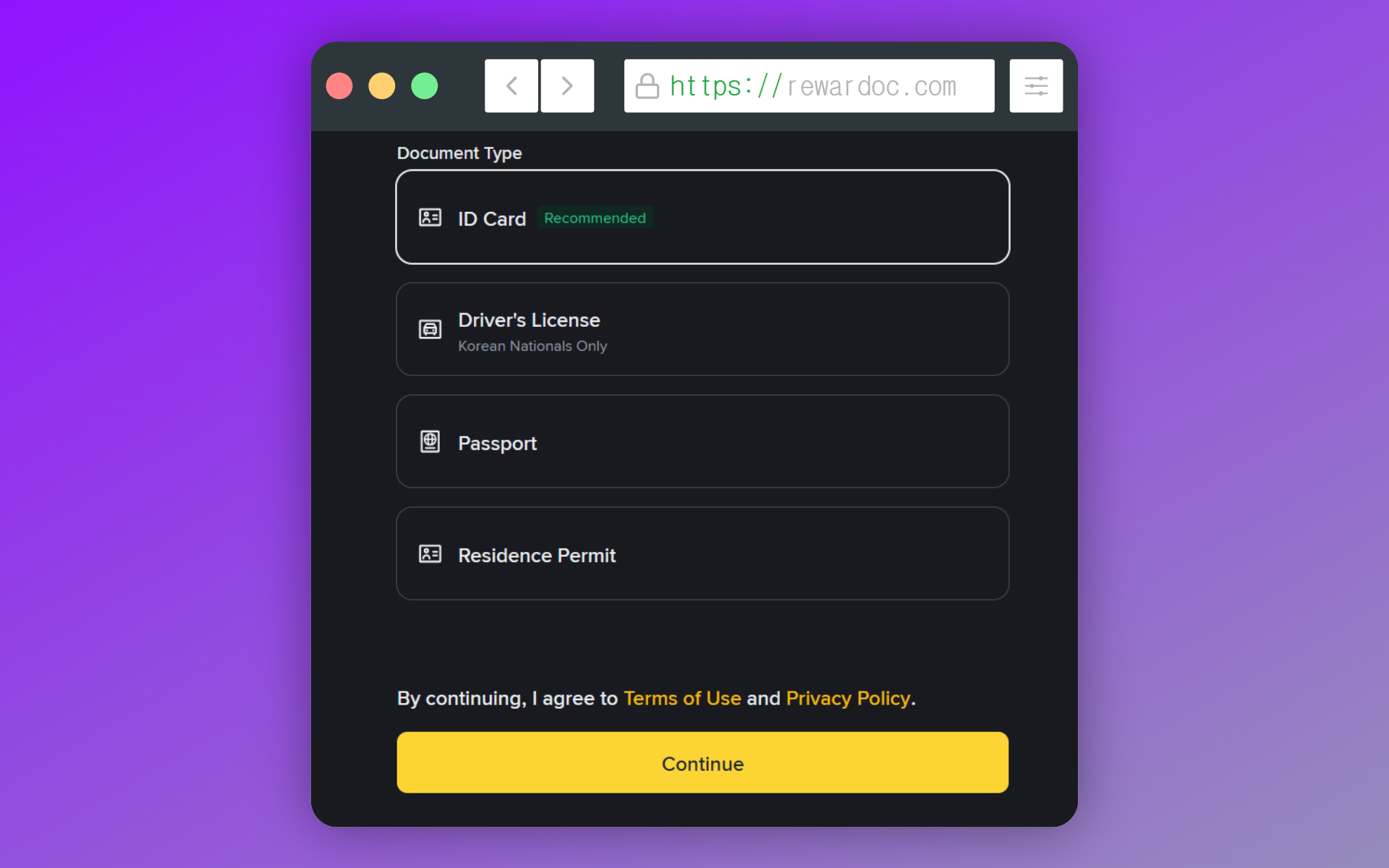 Binance KYC document type selection screen