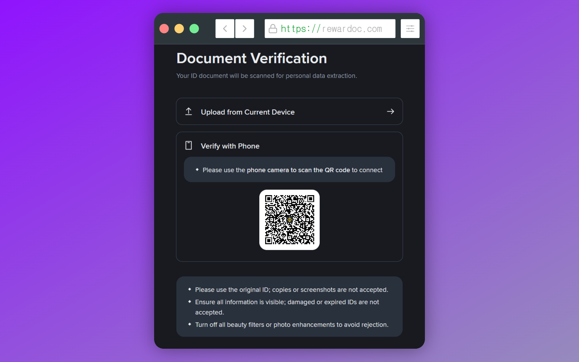 Binance ID photo capture method selection