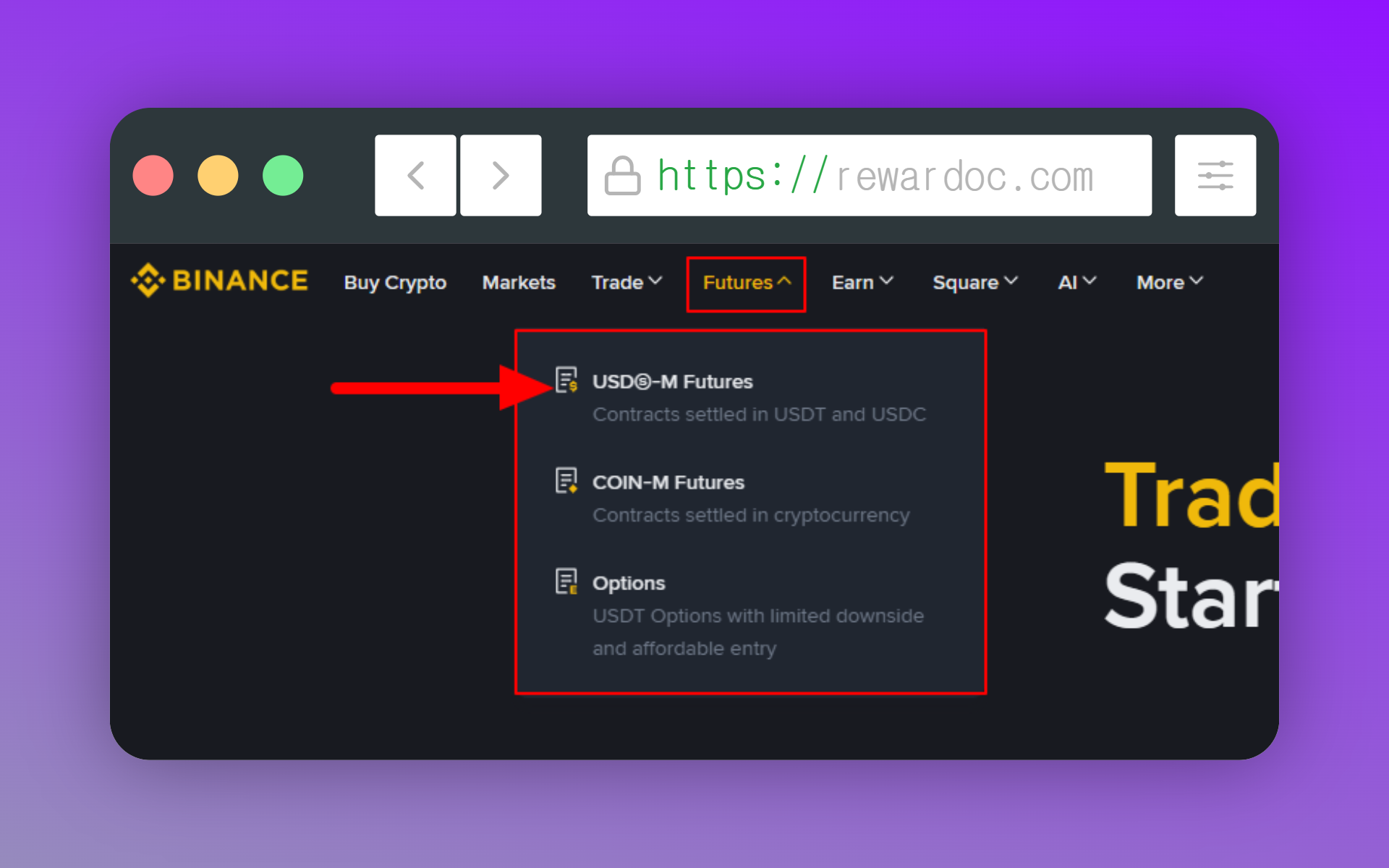 Navigating to the futures trading screen via the 'Futures' menu at the top of the Binance website