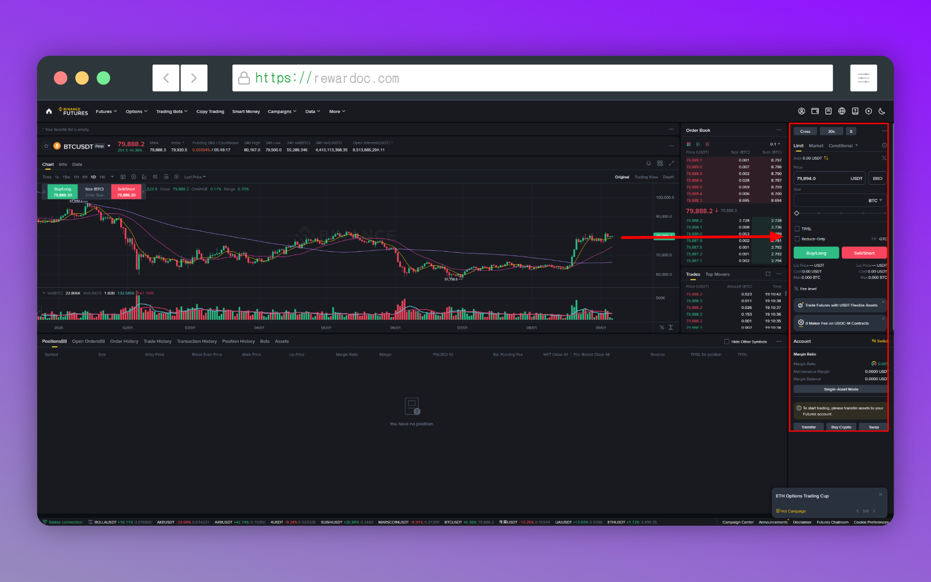 The Binance futures trading page after entering it