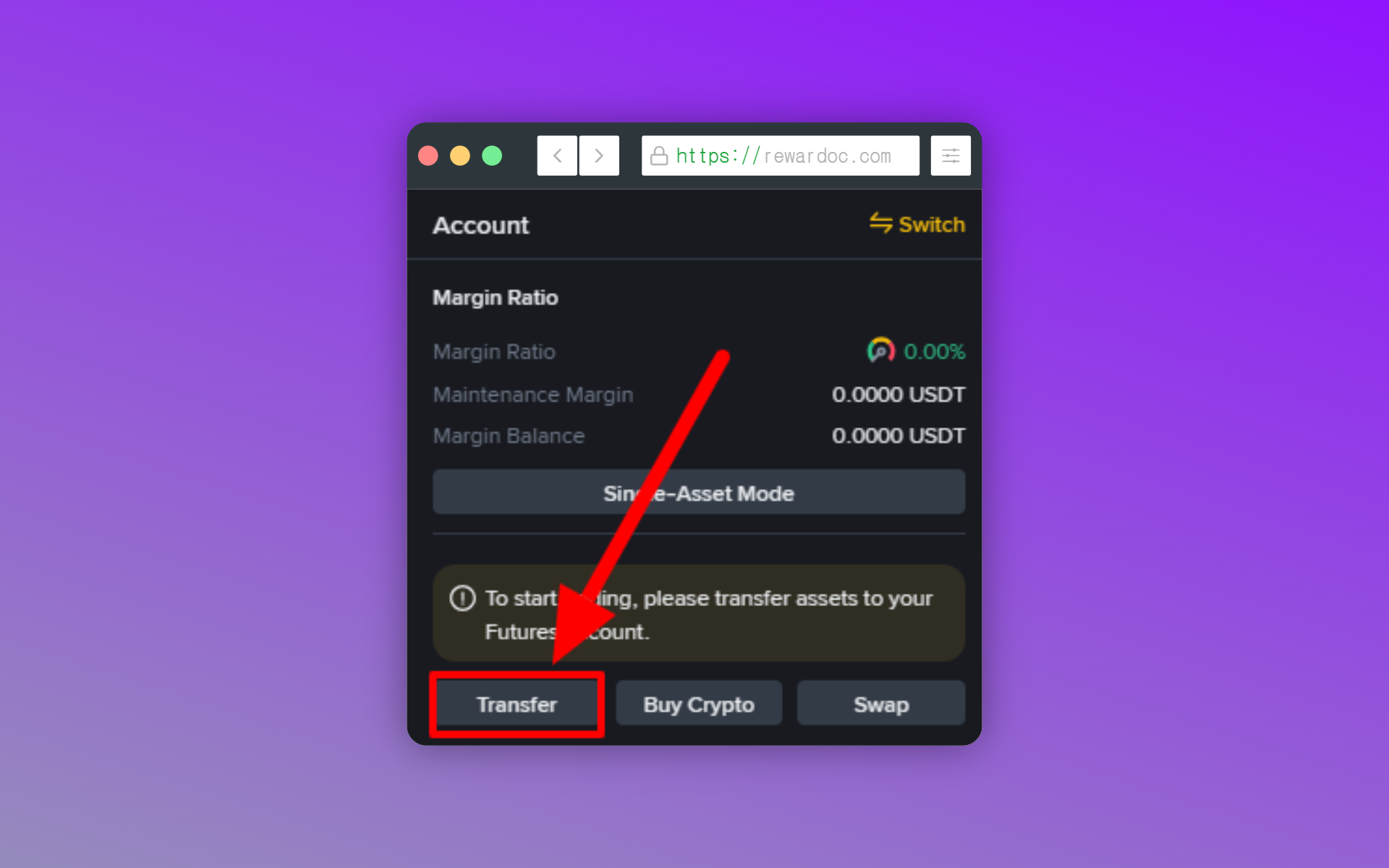 The 'Transfer' button highlighted at the bottom left of the Binance futures trading panel