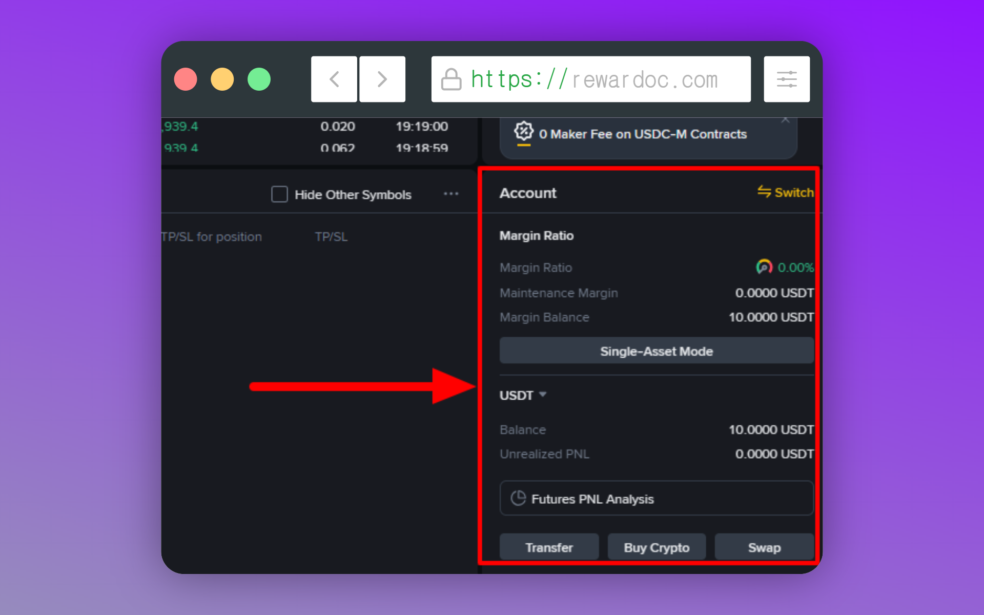 The balance now showing in the Binance futures wallet