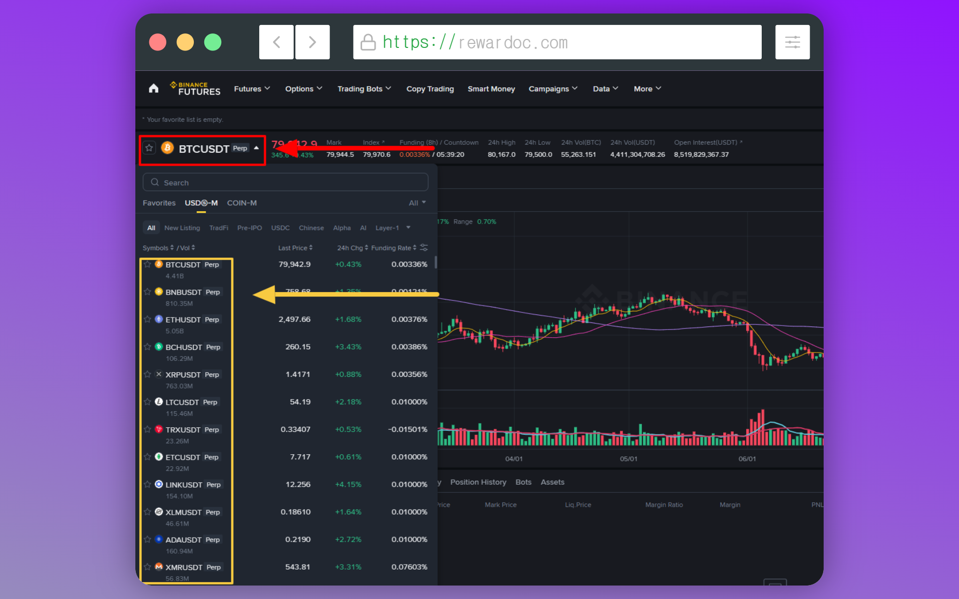 Selecting the trading pair from the top left of the futures trading page