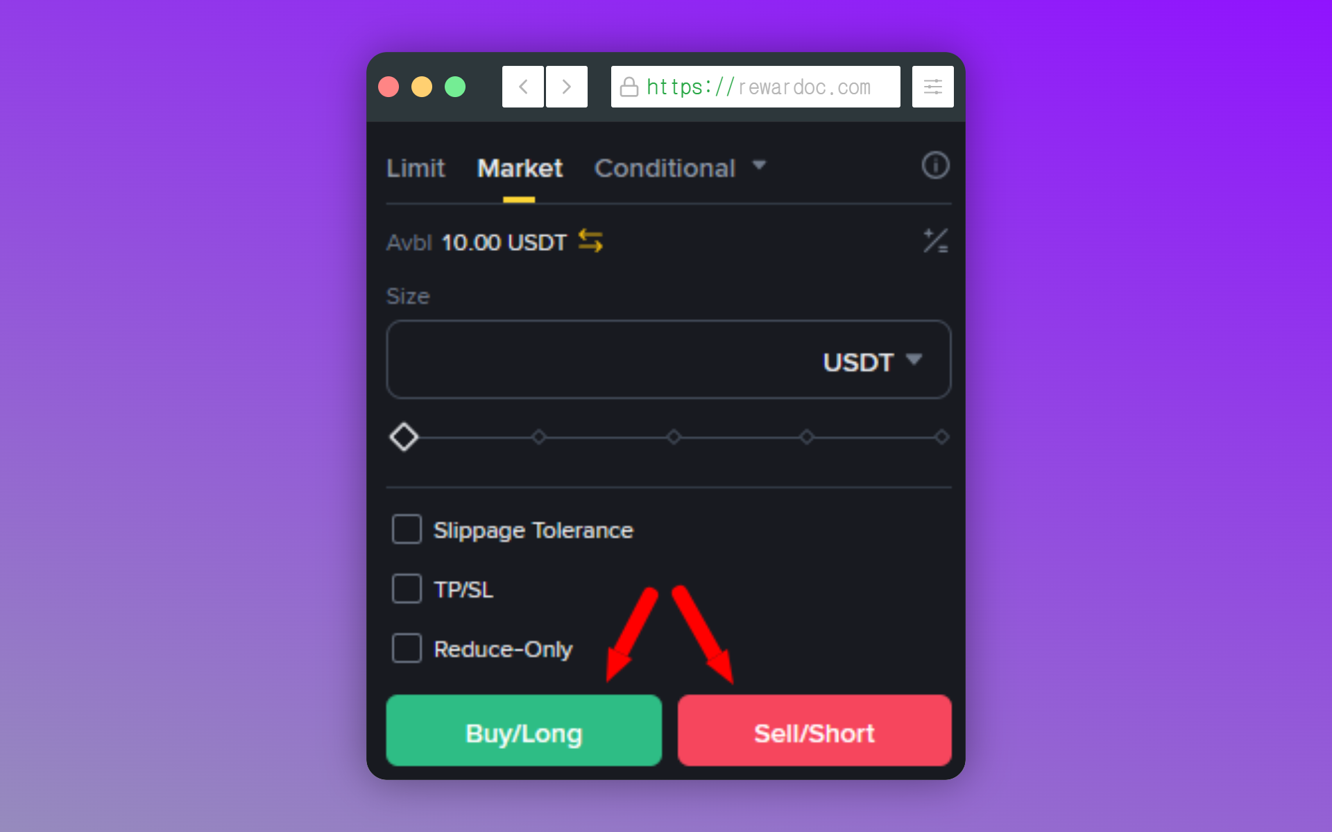 The Buy/Long and Sell/Short buttons