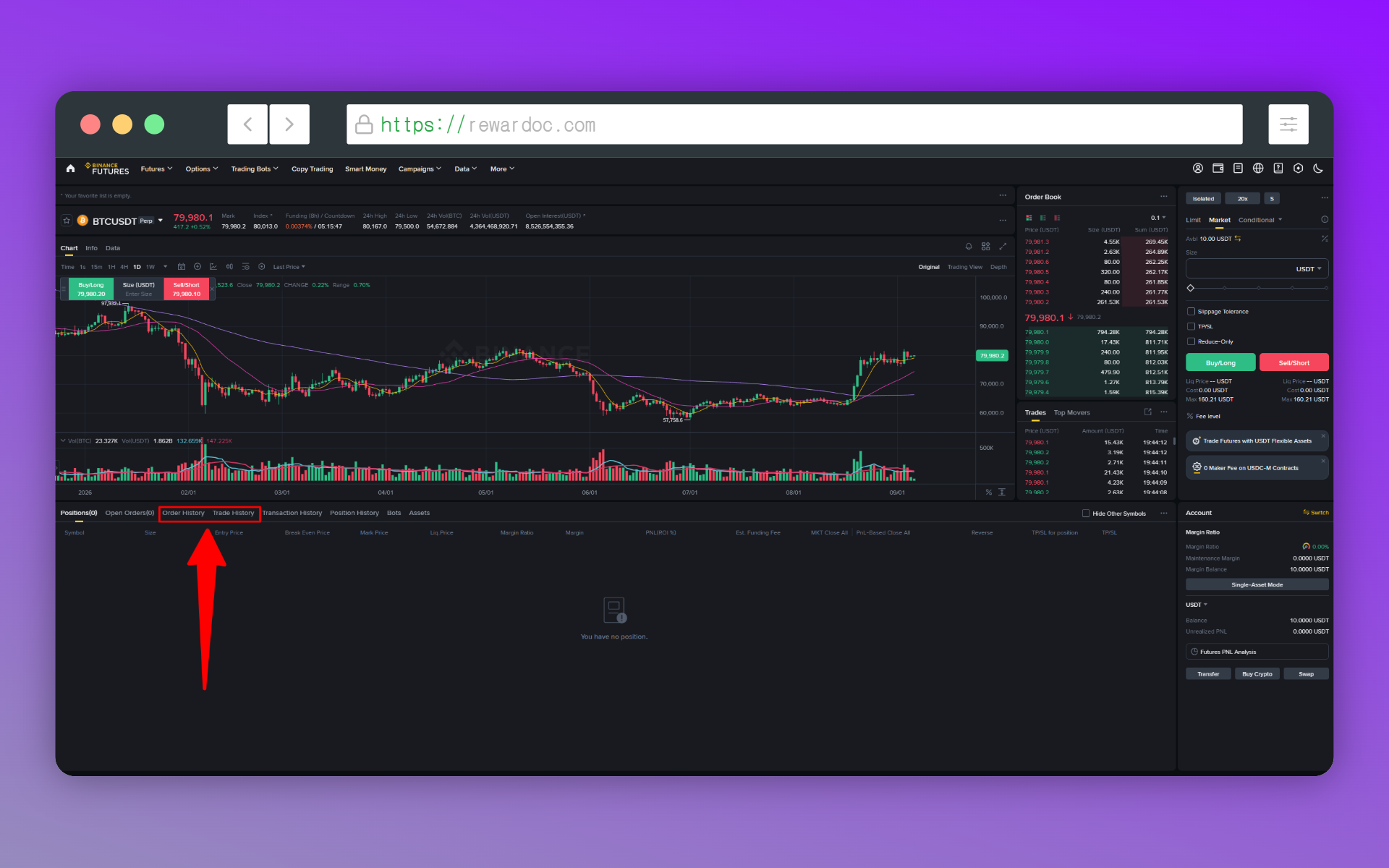 Reviewing closed positions via the [Order History] or [Trade History] tabs at the bottom of the screen