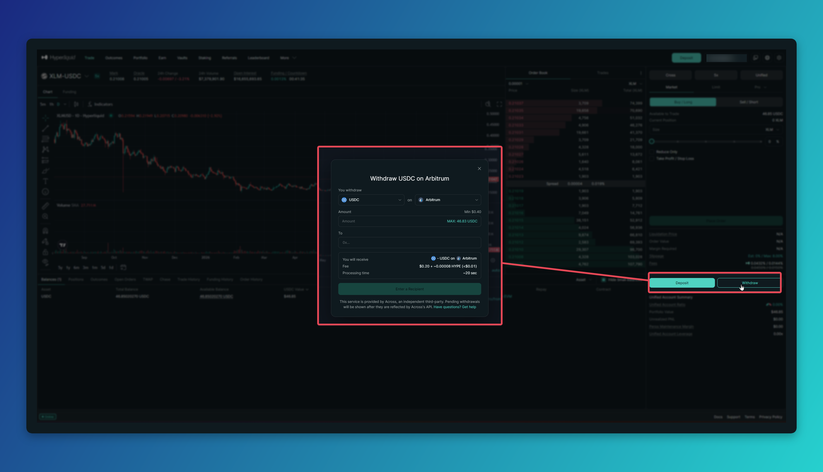 شاشة التداول في Hyperliquid عند الضغط على زر Withdraw لفتح نافذة سحب USDC.