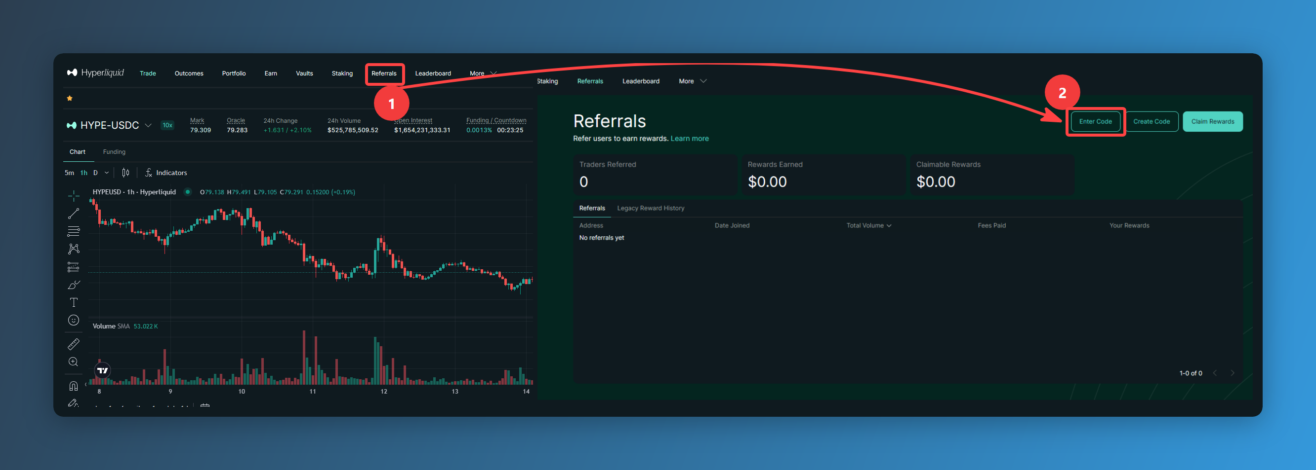 Nach dem Verbinden wird im Referrals-Tab geprüft, ob der Referral-Code korrekt hinterlegt ist.