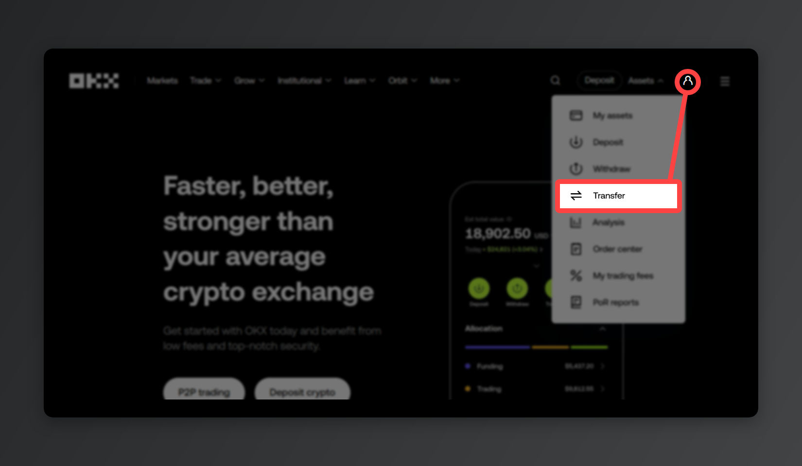OKX 웹사이트 Assets 화면에서 Transfer를 누르는 화면.