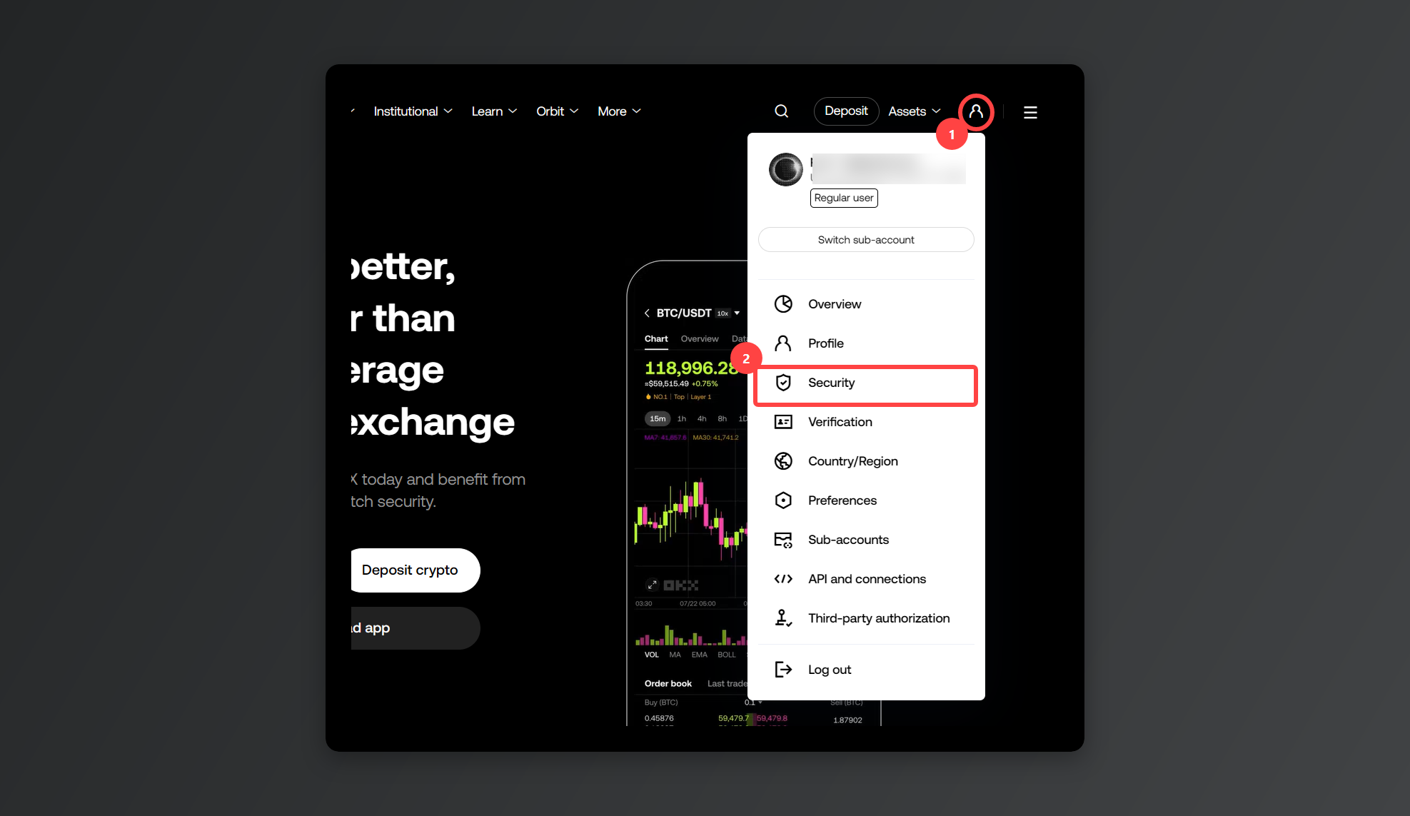 Selecting Security from the profile menu on OKX.