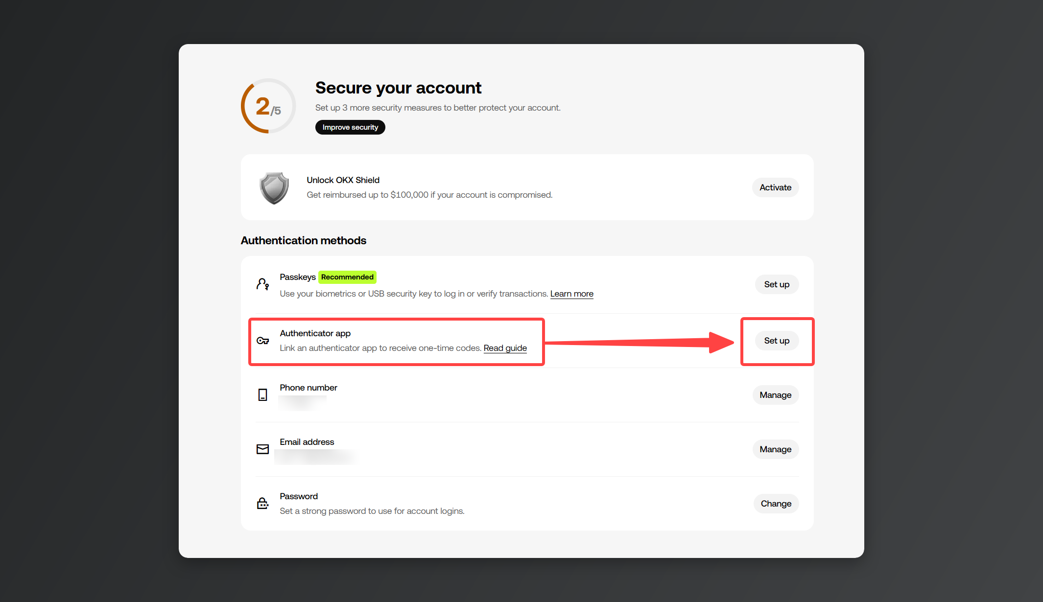 Clicking the Set up button next to Authenticator app.