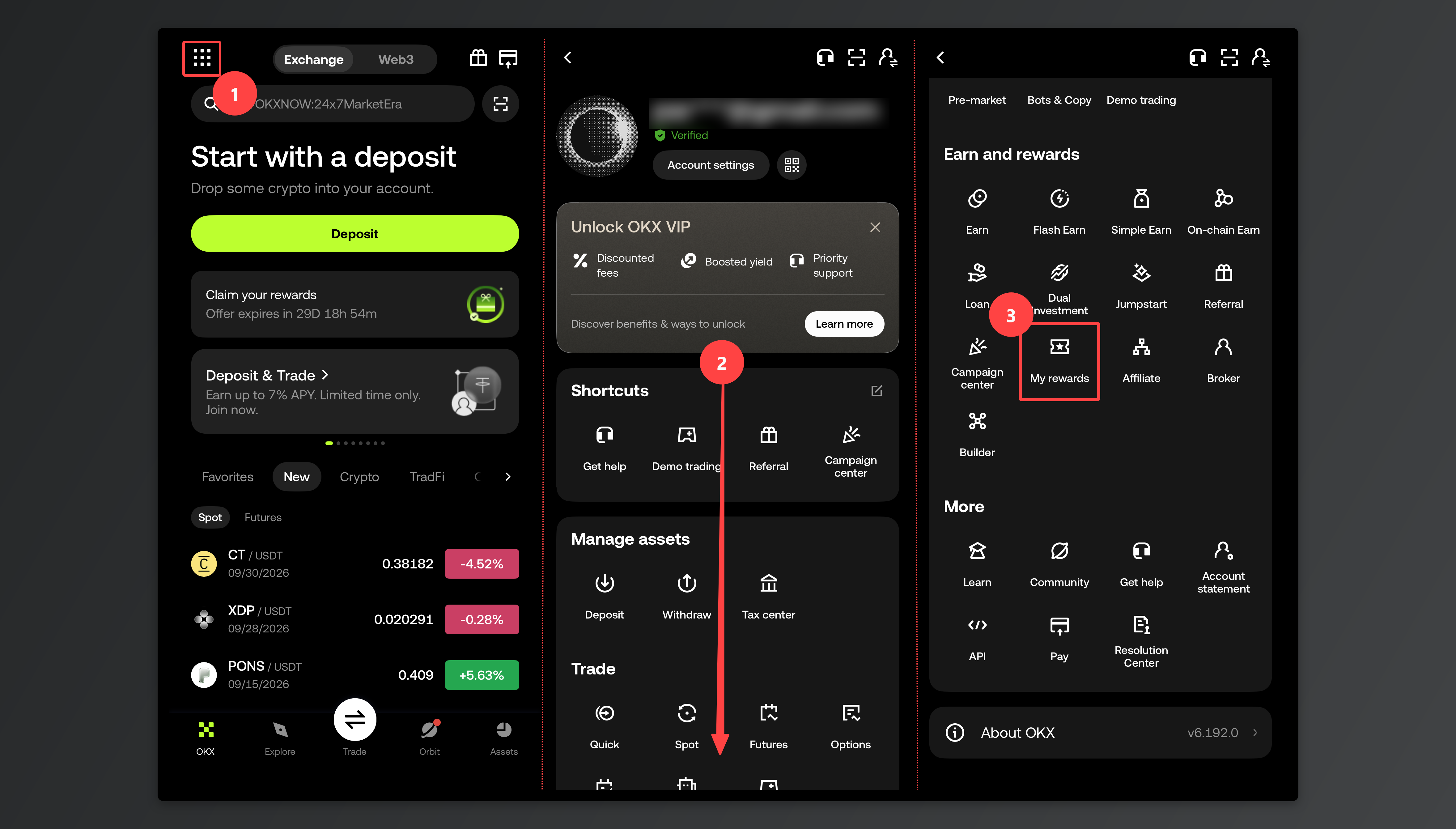 شاشة الدخول إلى قسم [Rewards] بعد الضغط على أيقونة القائمة في تطبيق OKX والتمرير للأسفل.