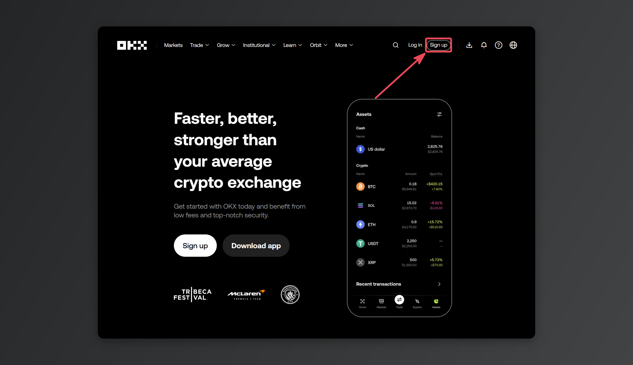 Clicking the Sign up button on the official OKX homepage.