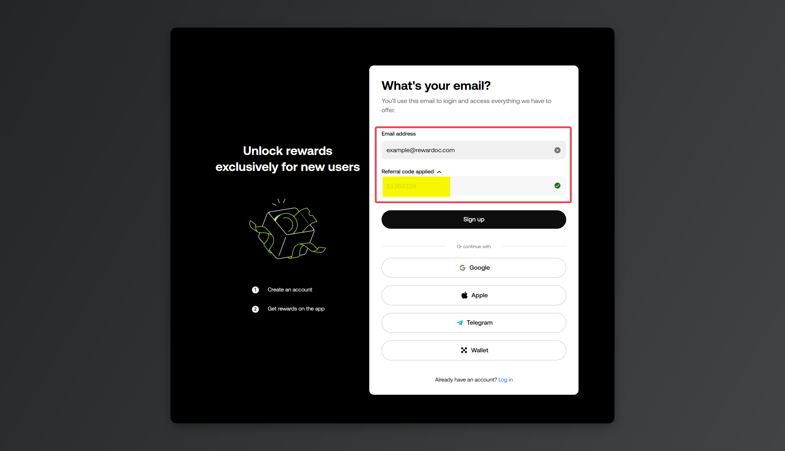 Entering an email address and a referral code.