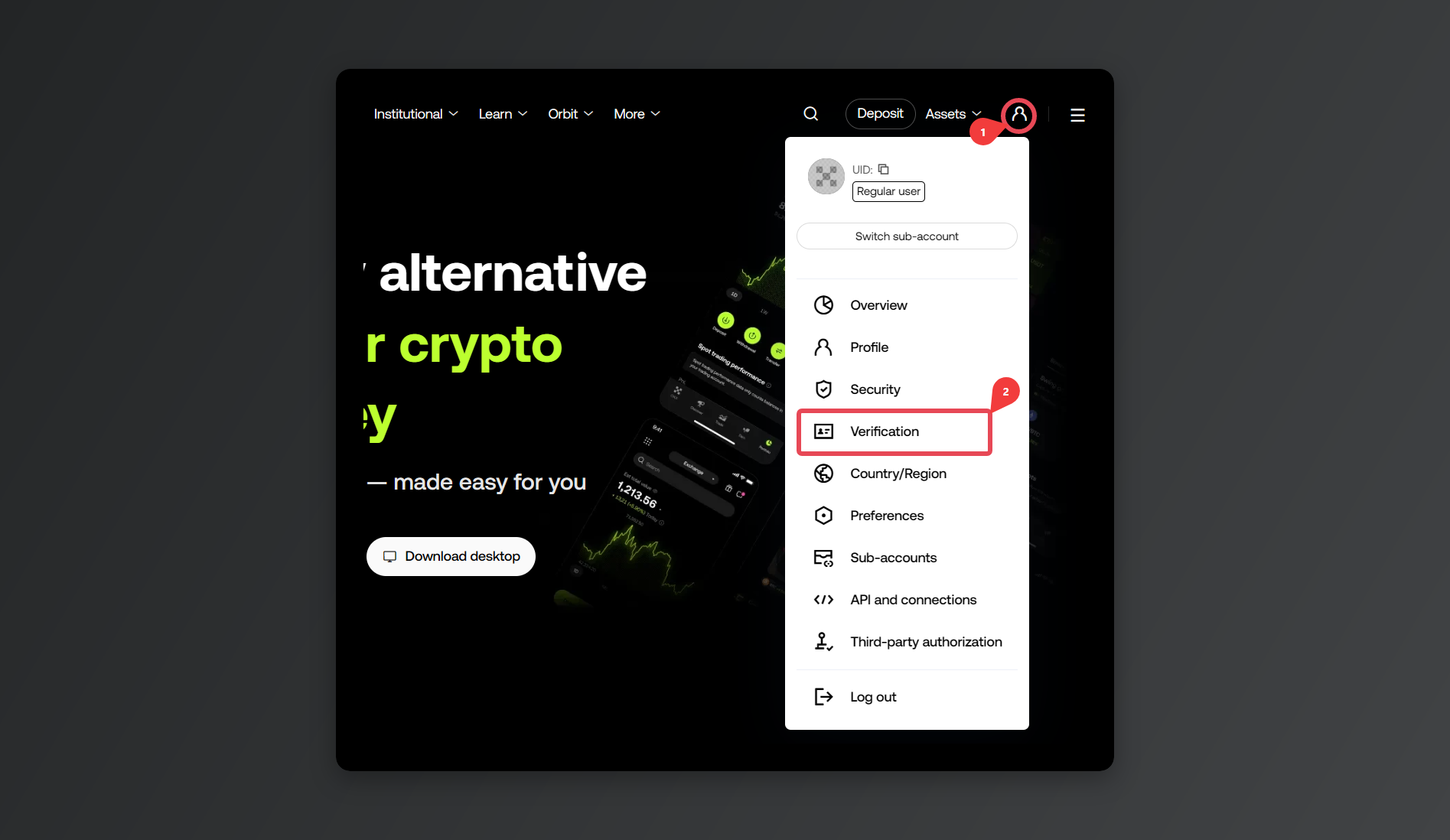 Choosing Verification from the profile icon menu after logging in to OKX