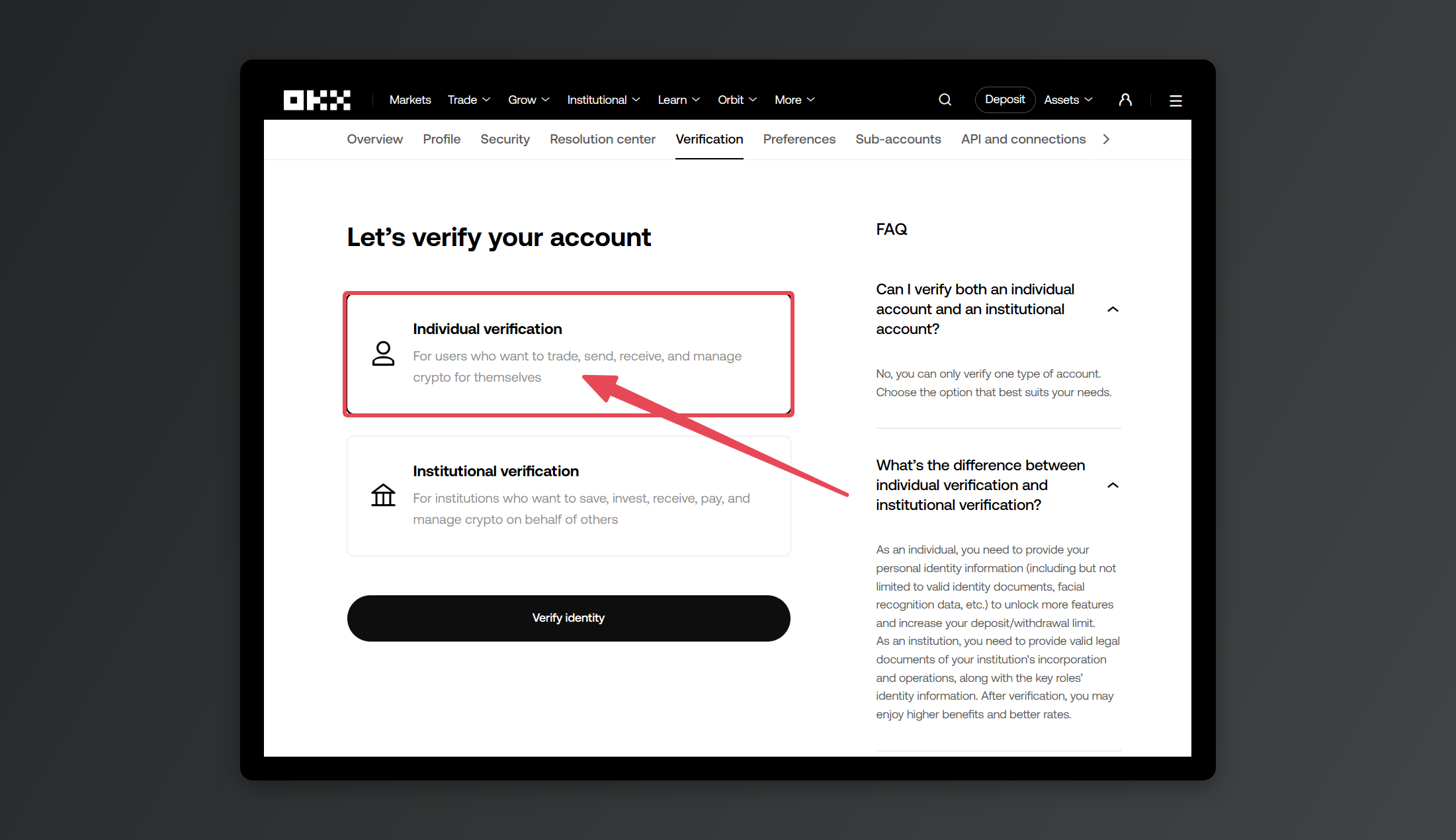 Clicking the Continue button under Individual account during KYC verification