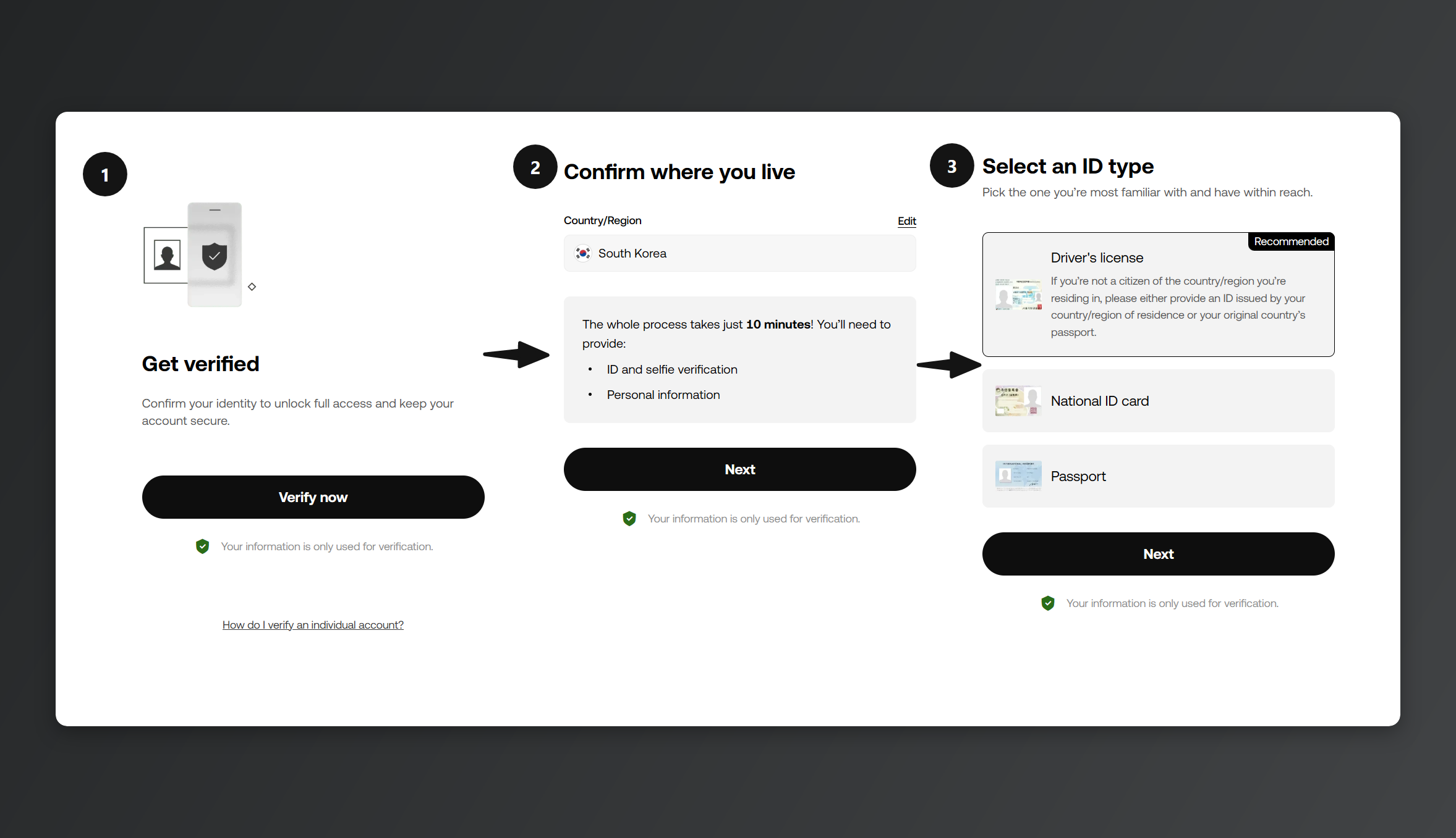 Selecting the ID document (driver's license) to use for KYC verification.