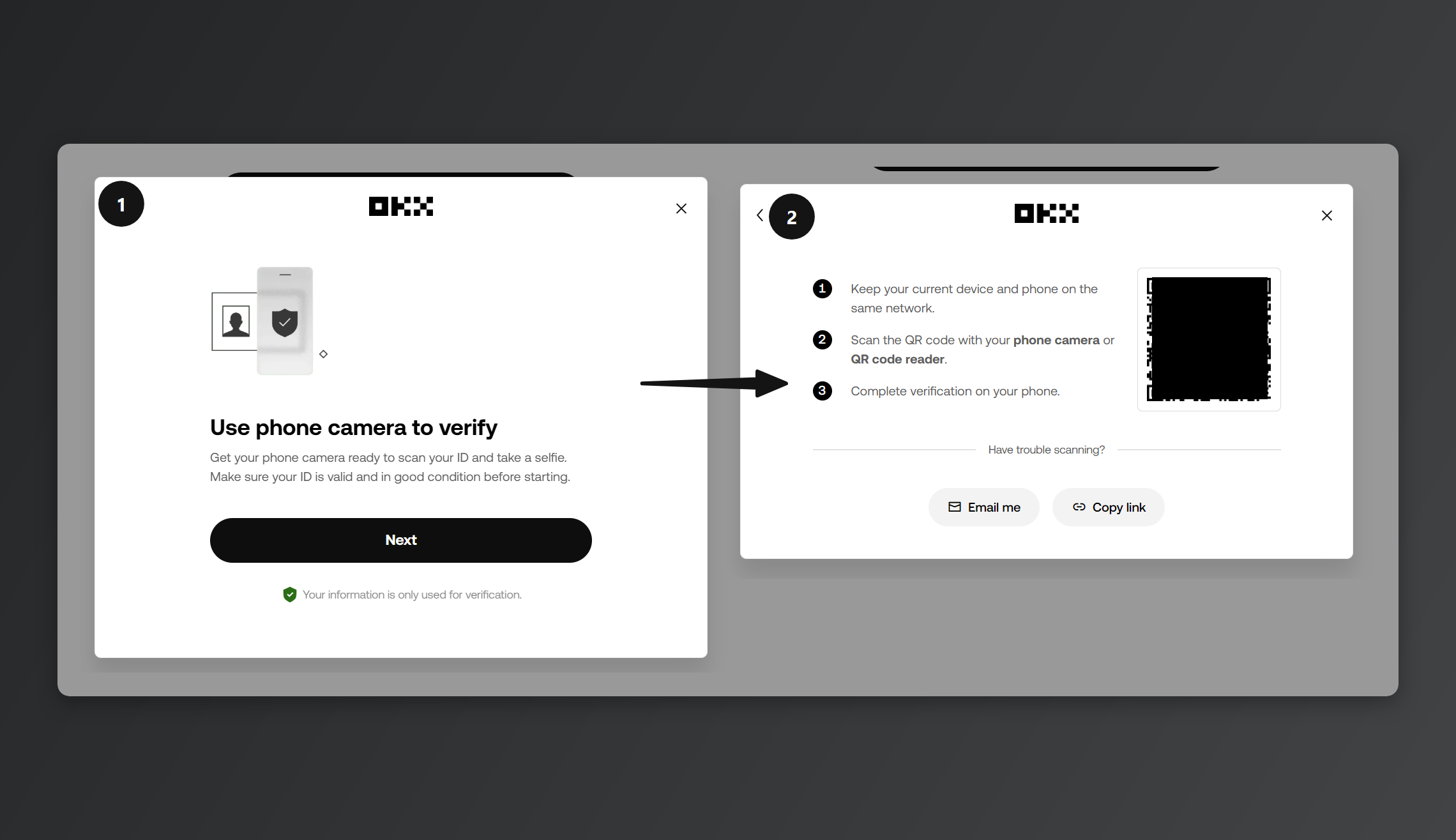 Pop-up on desktop web asking you to switch to mobile to photograph your ID during KYC.