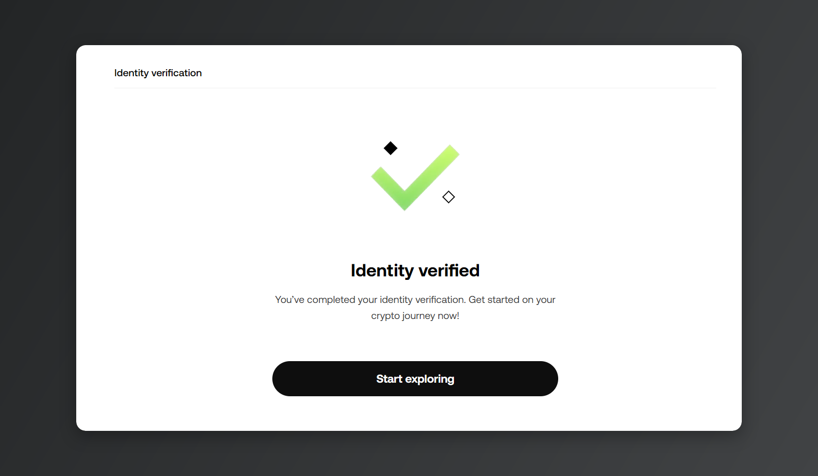 KYC verification finished, with the Identity verified message displayed.