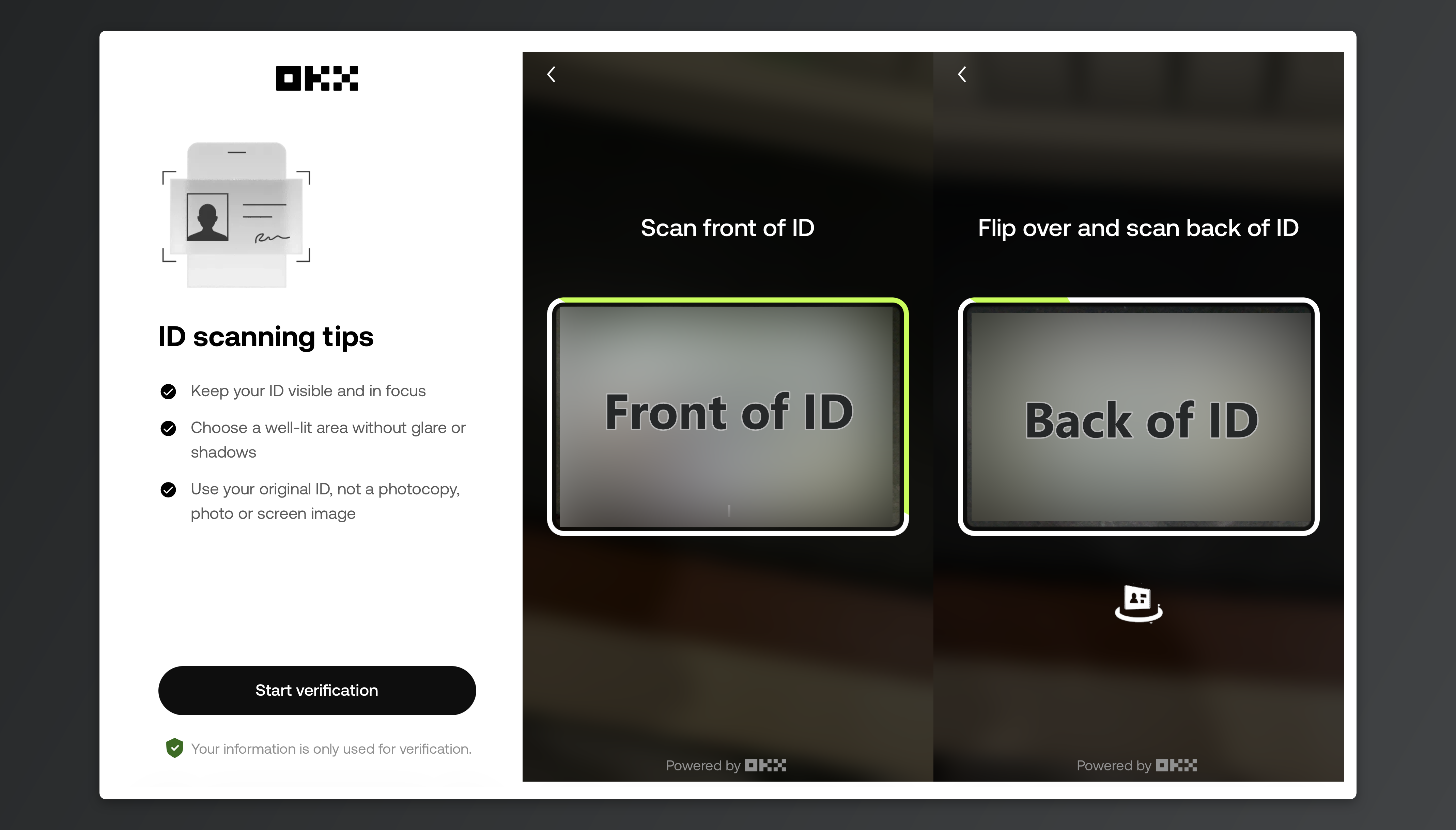 Photographing the front and then the back of an ID in the order shown.