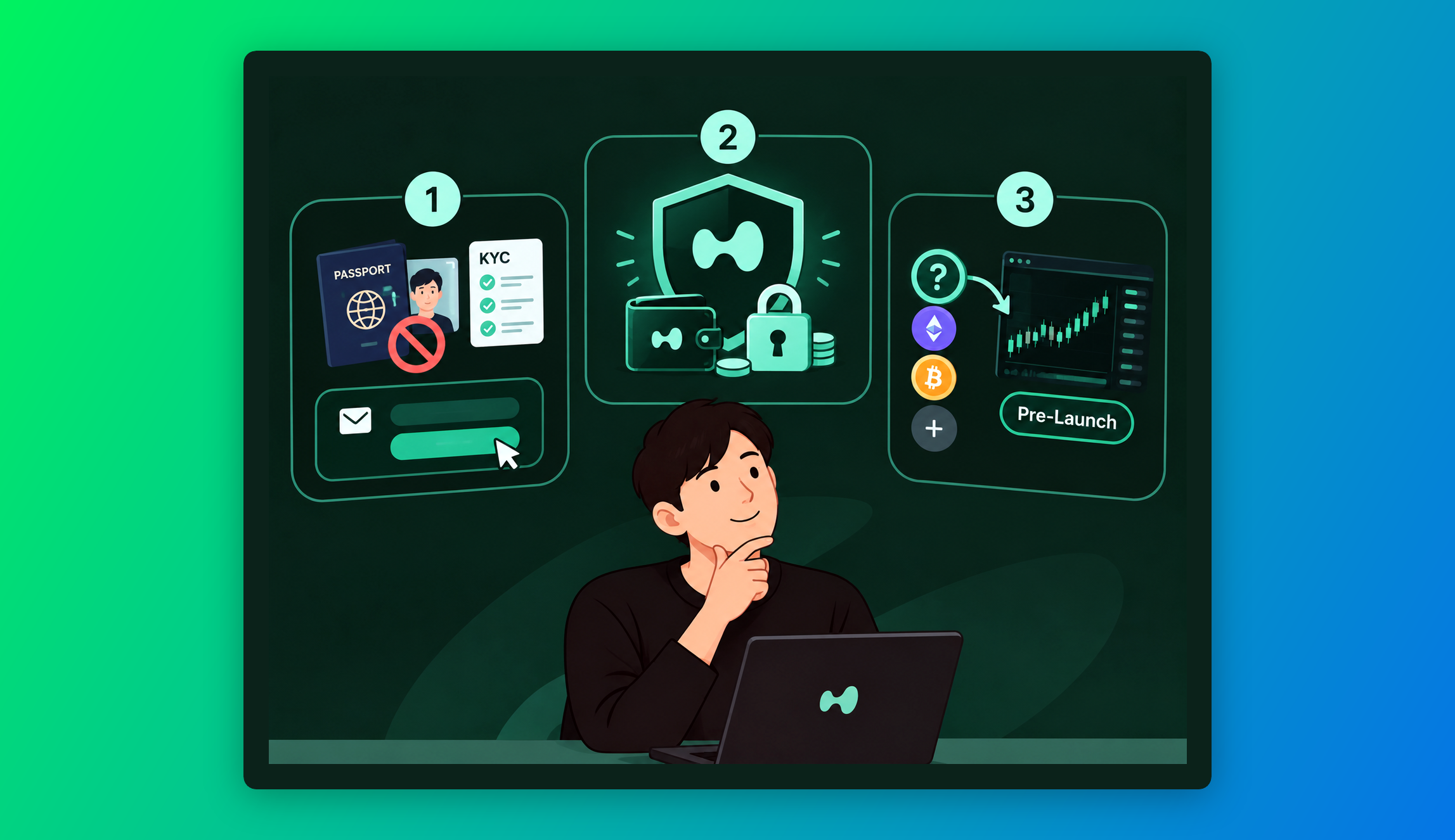 صورة تعرض ثلاث مزايا رئيسية لمنصة Hyperliquid — إلغاء إجراءات KYC، وبنية حفظ الأصول، وسرعة دعم تداول الأصول الجديدة — عبر أيقونات وشاشة تداول